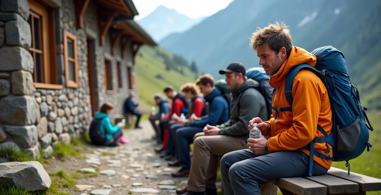 Refuge de montagne à 2500 mètres avec randonneurs en pause d'acclimatation