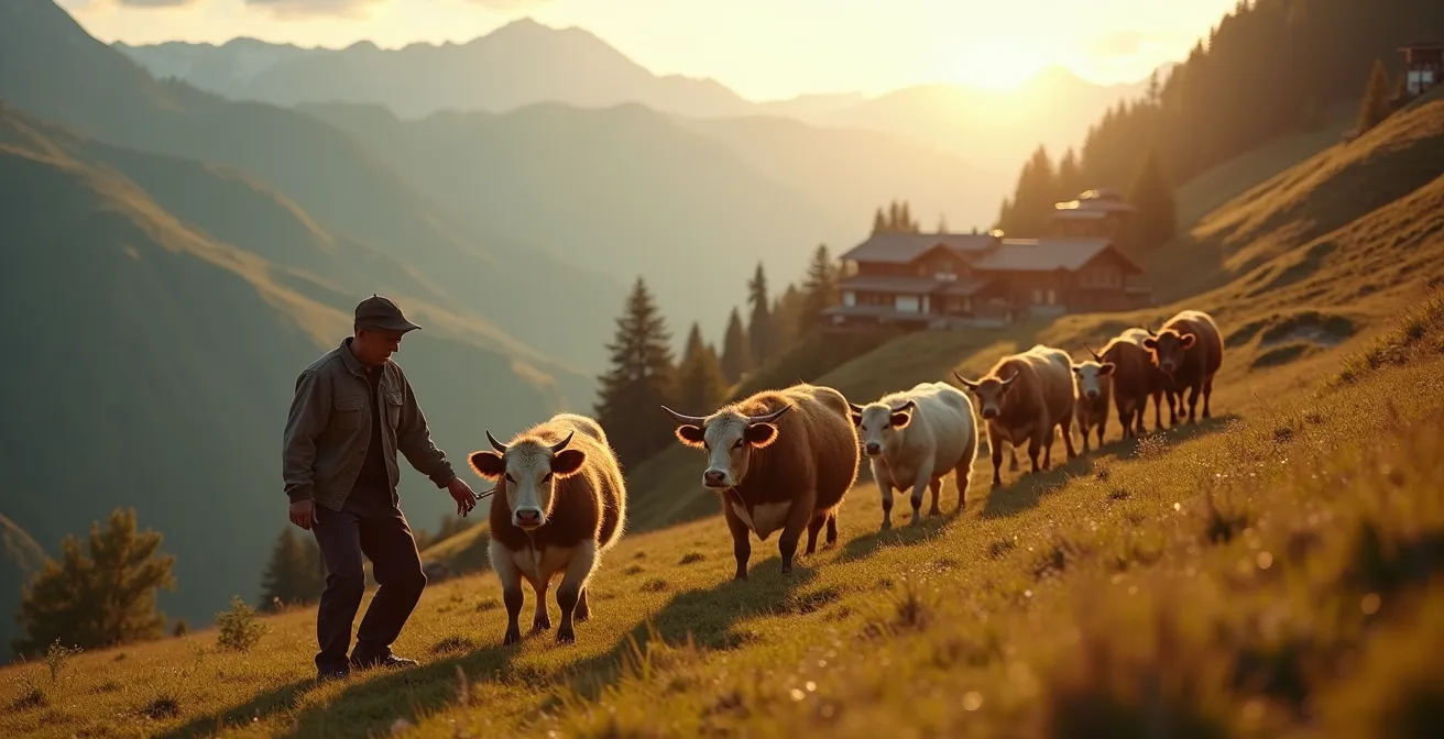 Agriculteur guidant ses vaches dans un alpage de haute montagne avec vue panoramique sur la vallée