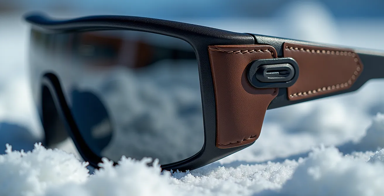 Gros plan macro sur les coques latérales en cuir d'une monture glacier