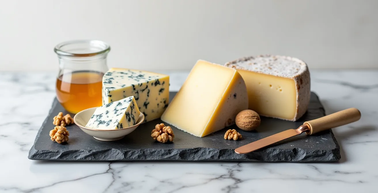 Plateau de fromages de montagne avec Comté, Beaufort et bleu d'Auvergne accompagnés de miel et noix