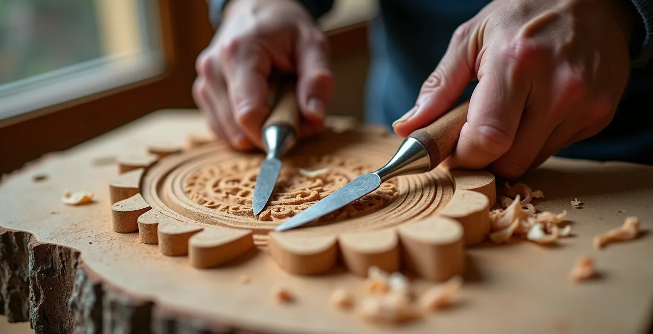 Mains d'artisan sculptant le bois avec des gouges traditionnelles dans un atelier de montagne