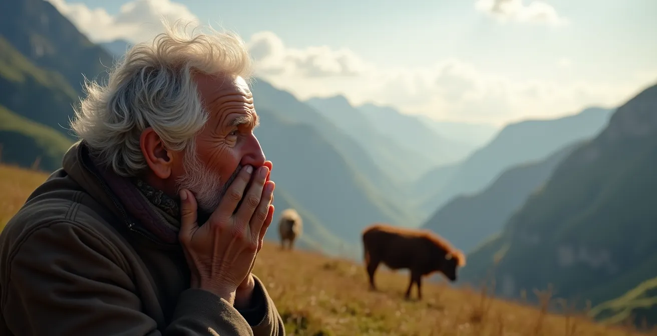 Berger alpin utilisant l'écho naturel de la montagne pour communiquer