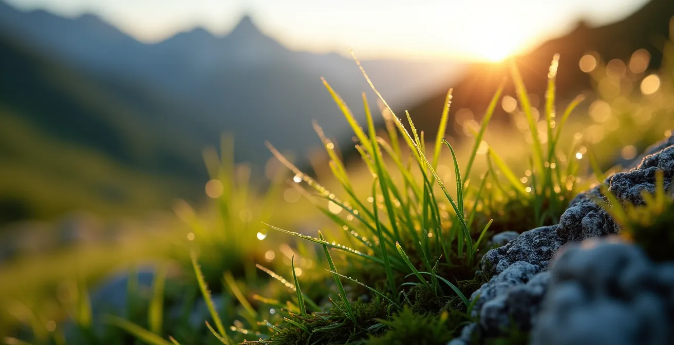 Emplacement de bivouac au lever du soleil montrant un site parfaitement préservé