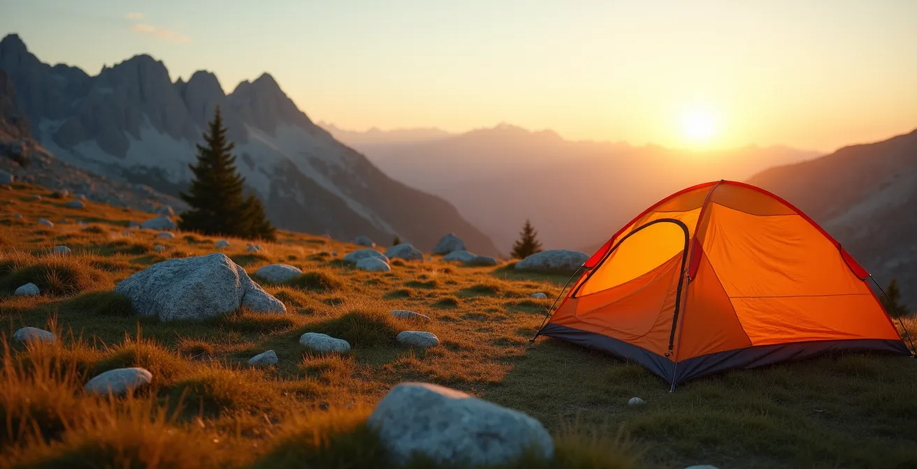 Tente ultralegère posée sur l'herbe alpine sans aucun aménagement de pierres