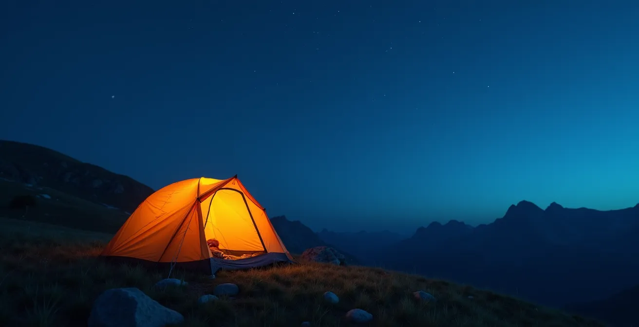 Bivouac minimaliste en montagne au crépuscule avec les premières étoiles visibles dans le ciel