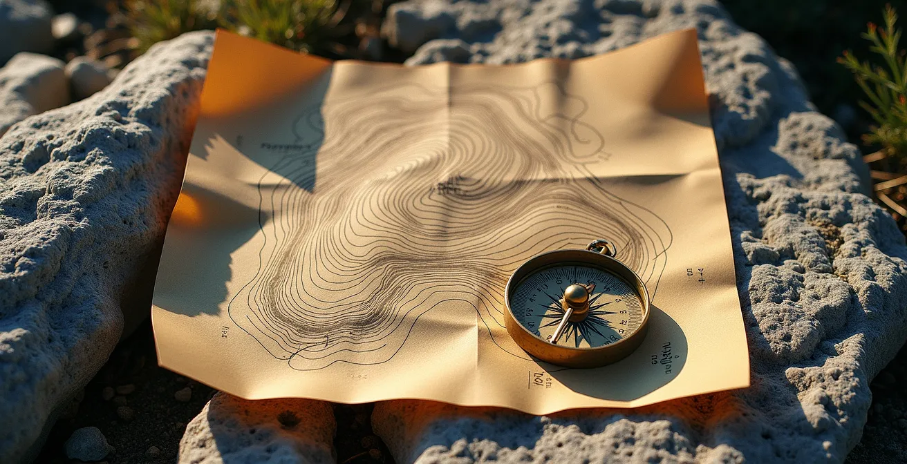 Vue rapprochée d'une carte topographique avec boussole posée dessus