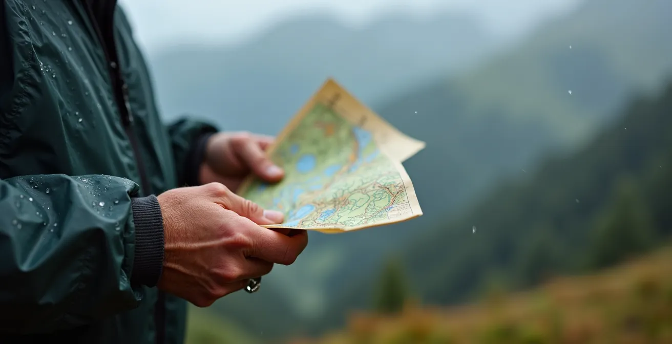 Mains de randonneur consultant une carte IGN pliée stratégiquement par temps humide