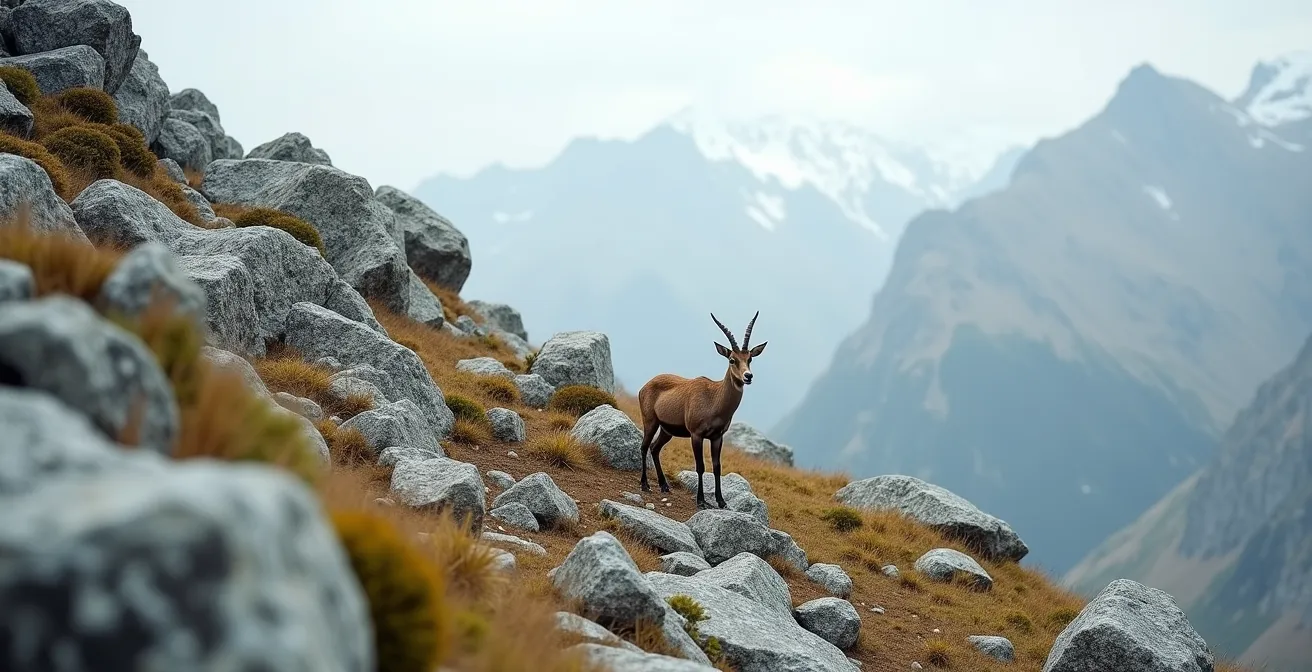 Chamois parfaitement camouflé parmi les rochers alpins, illustrant la difficulté de repérage pour l'œil non averti