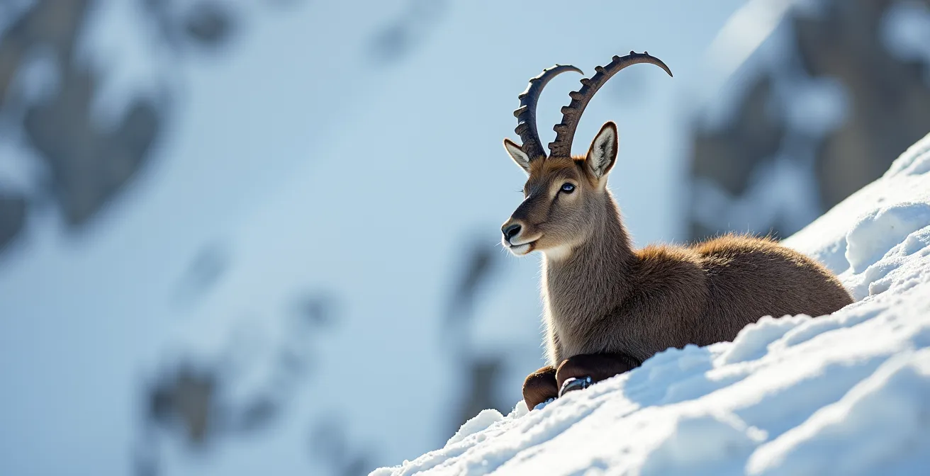 Traces de chamois dans la neige profonde montrant l'effort nécessaire au déplacement