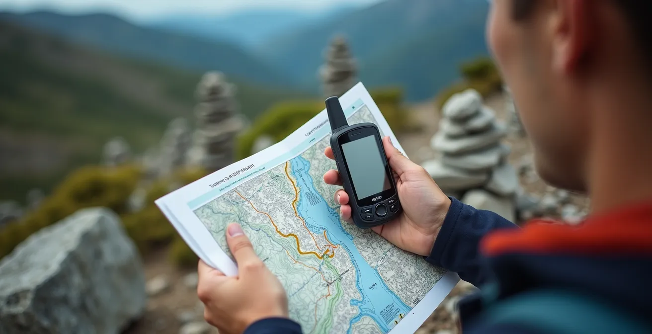 Vue comparative montrant un randonneur consultant simultanément une carte IGN et un GPS sur un sentier de montagne