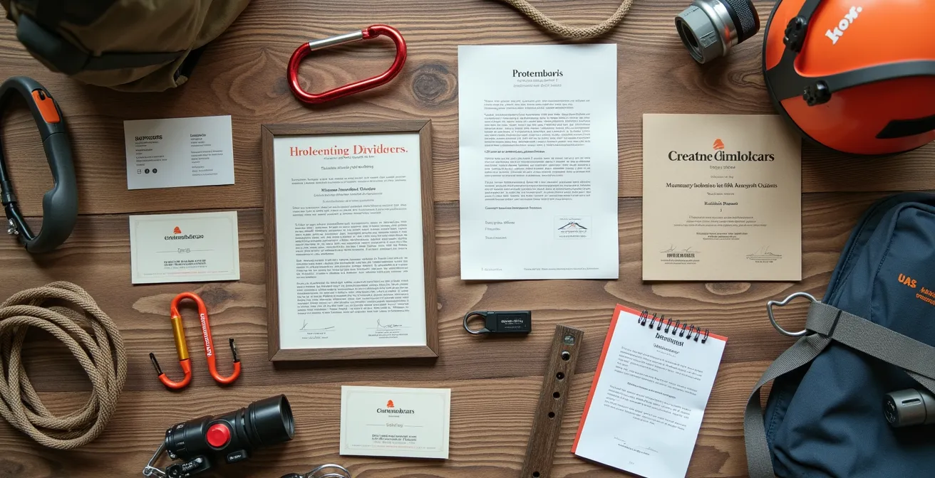 Vue large d'un bureau avec différents diplômes et cartes professionnelles disposés sur une surface en bois