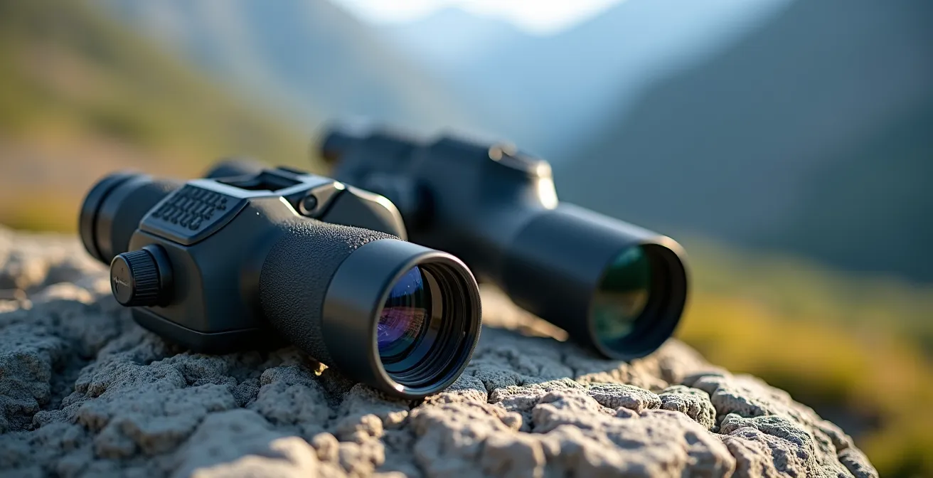 Matériel optique d'observation disposé sur rocher en montagne avec vue sur vallée alpine