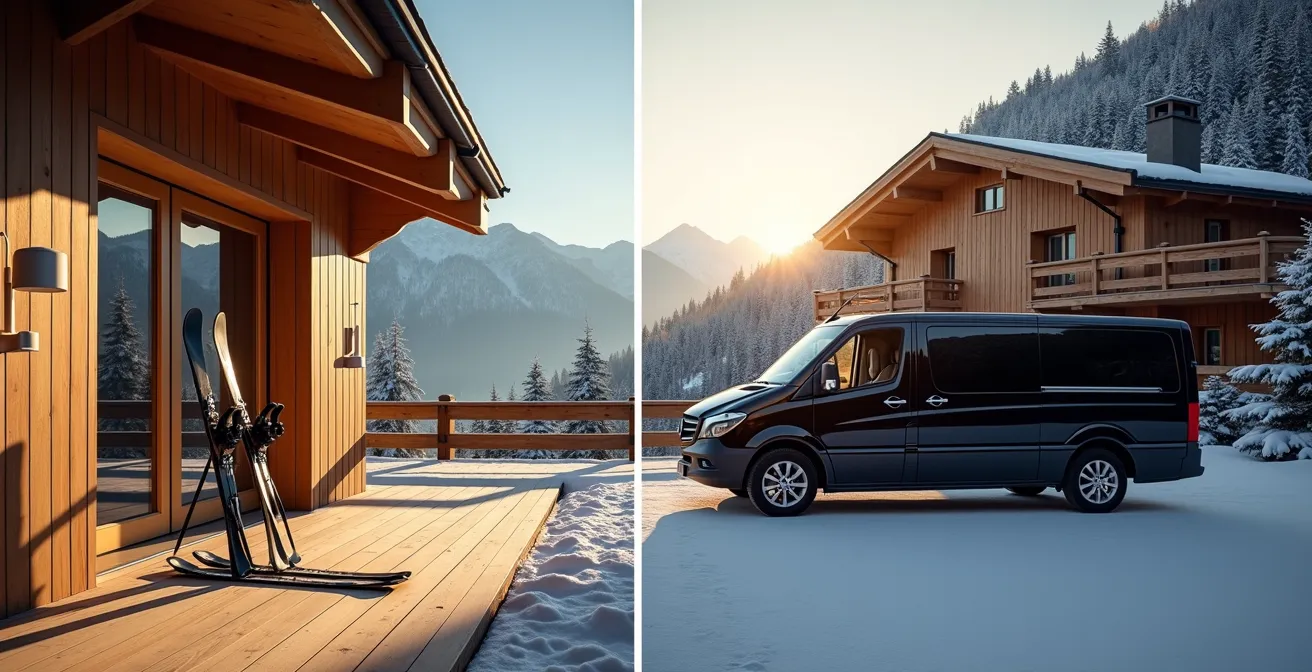 Vue aérienne montrant l'accès direct aux pistes depuis un chalet de luxe