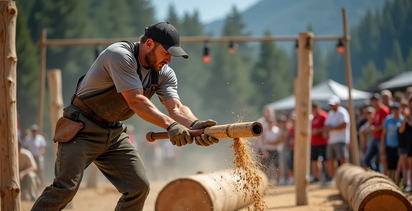 Compétition de bûcheronnage sportif avec athlète en pleine action sur le springboard