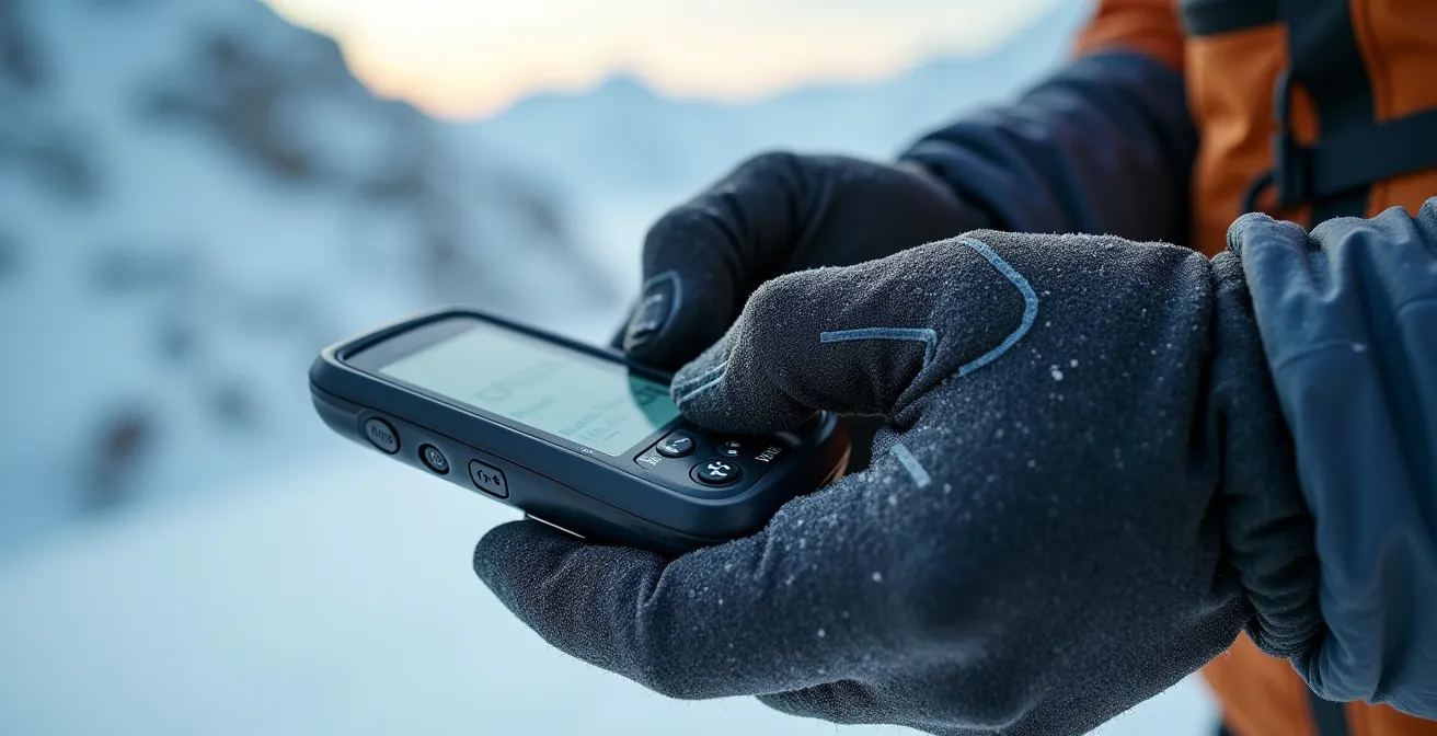 Mains gantées manipulant les boutons d'un GPS en montagne