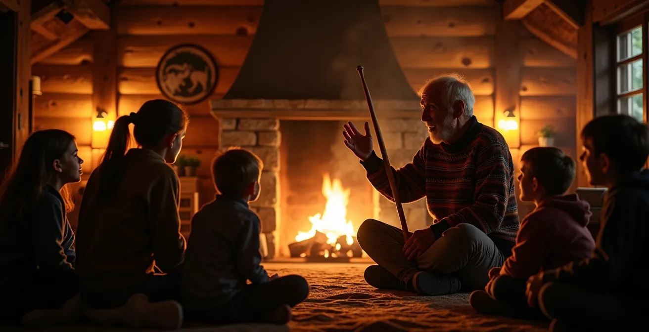 Veillée au coin du feu avec conteur racontant la légende du Dahut aux enfants