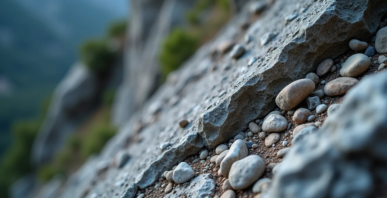 Vue aérienne d'une pente rocheuse abrupte avec courbes de niveau superposées montrant leur resserrement extrême