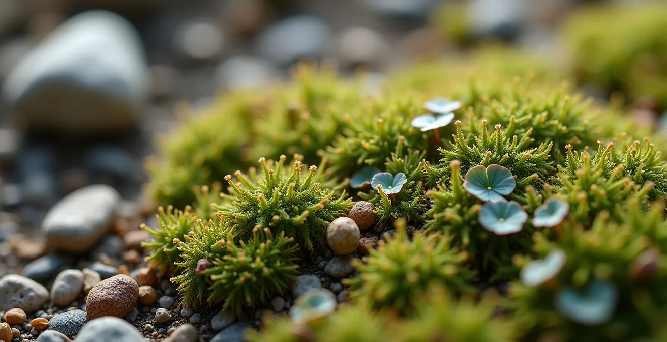 Vue macro d'une croûte cryptogamique avec mousses et lichens sur sol montagnard