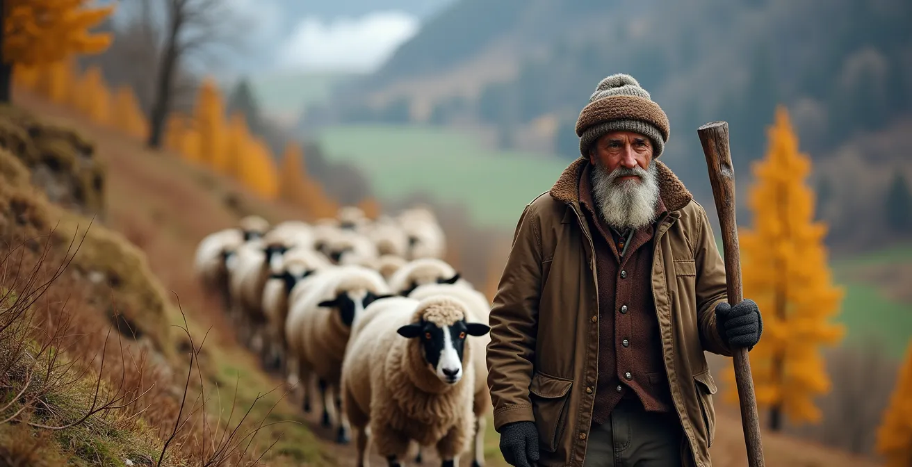 Troupeau de moutons descendant un sentier de montagne en automne avec berger et chiens de conduite