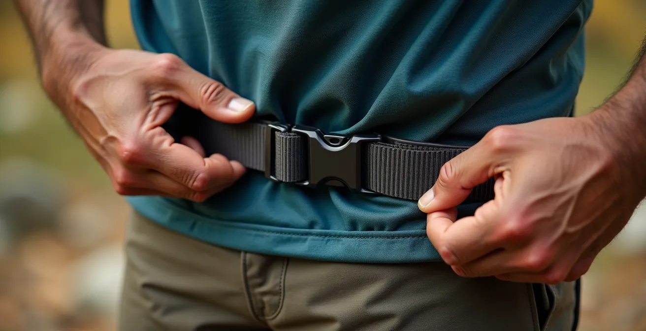 Gros plan macro sur les mains ajustant les sangles de réglage d'un sac à dos de randonnée