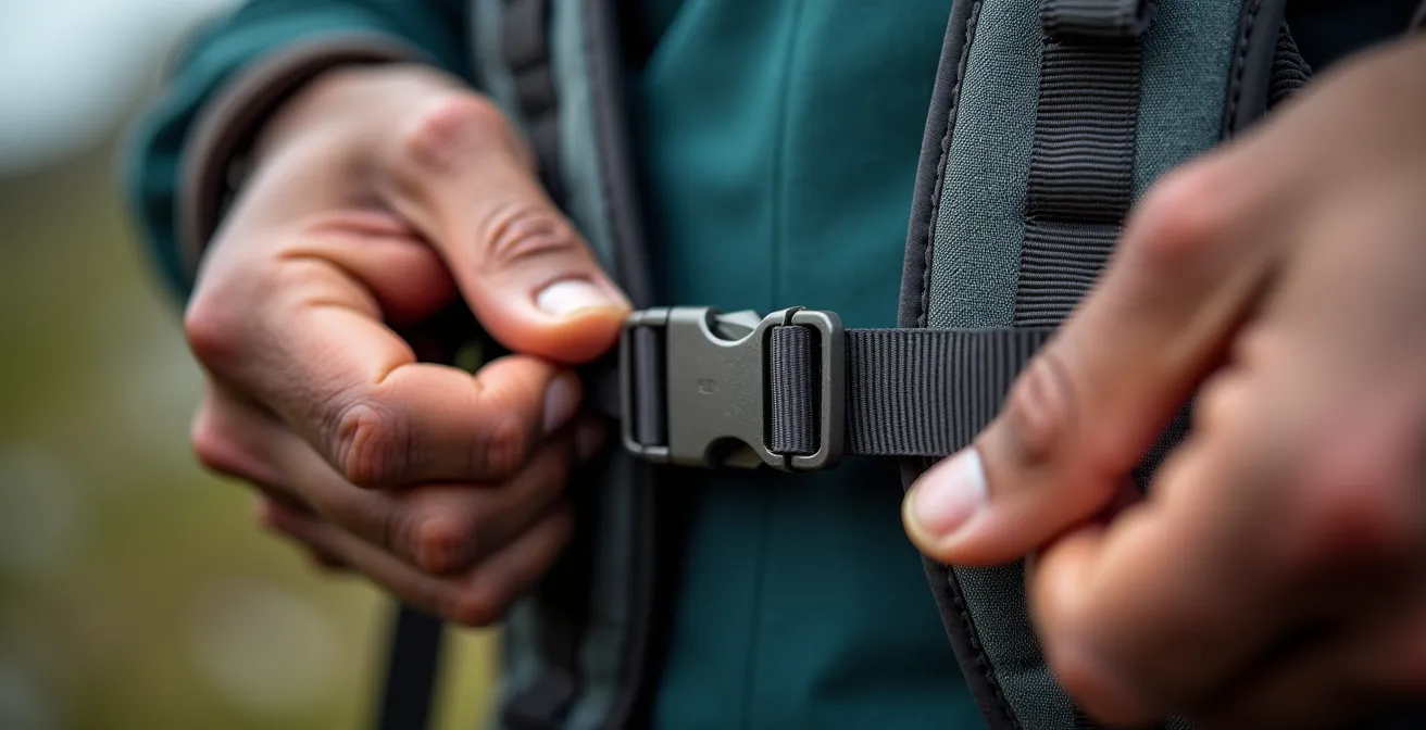 Vue macro détaillée des mains ajustant les sangles de rappel de charge d'un sac à dos