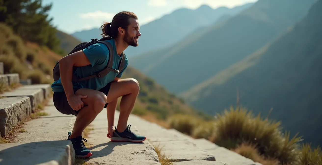 Randonneur effectuant un exercice de squat excentrique contrôlé sur une marche