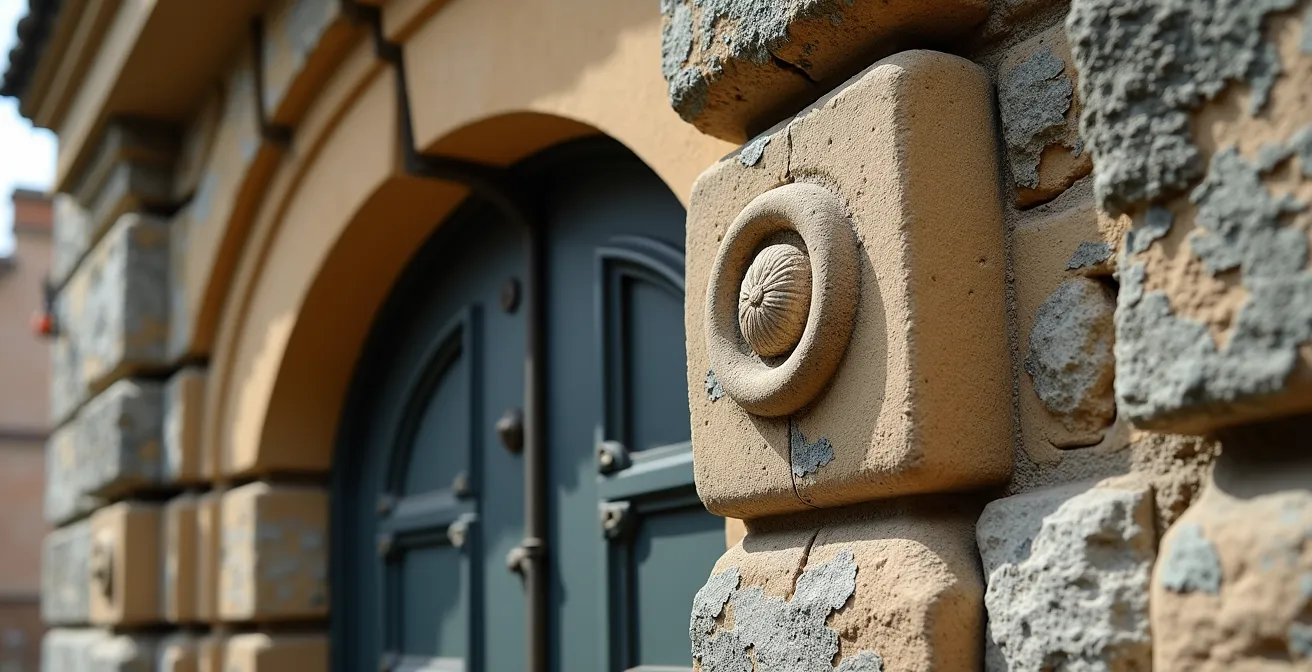 Gros plan sur une façade en pierre locale d'un village de montagne avec ses détails architecturaux traditionnels