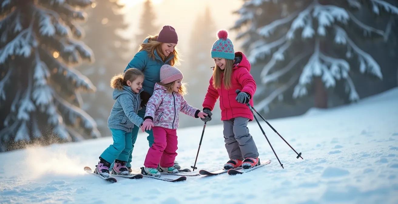 Famille avec jeunes enfants skiant sur une pente douce entourée de sapins dans le Jura