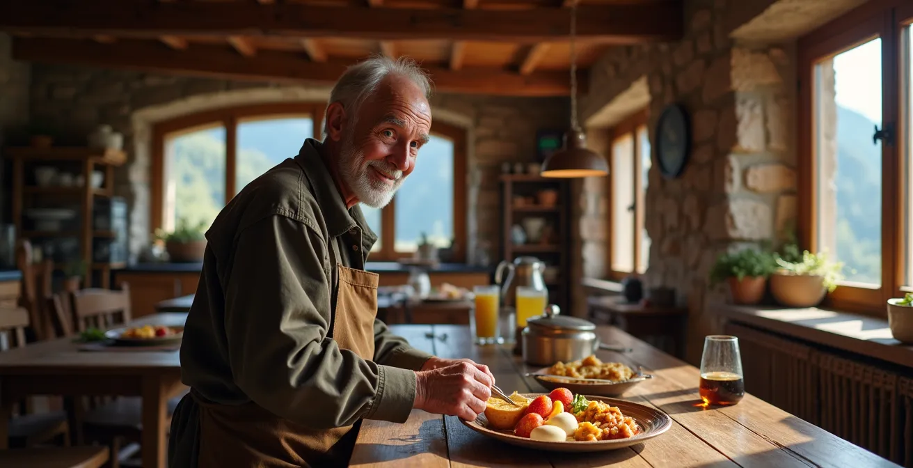 Intérieur chaleureux d'une ferme de montagne rénovée avec poutres apparentes et vue sur la vallée