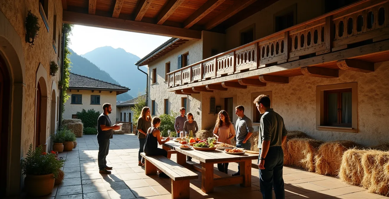 Cour intérieure d'une ferme montagnarde traditionnelle avec galeries en bois et vue sur les sommets alpins