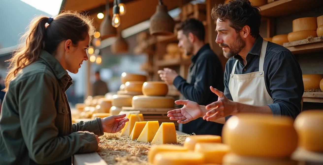 Fromager artisan expliquant les techniques de conservation à un client devant son étal de fromages de montagne