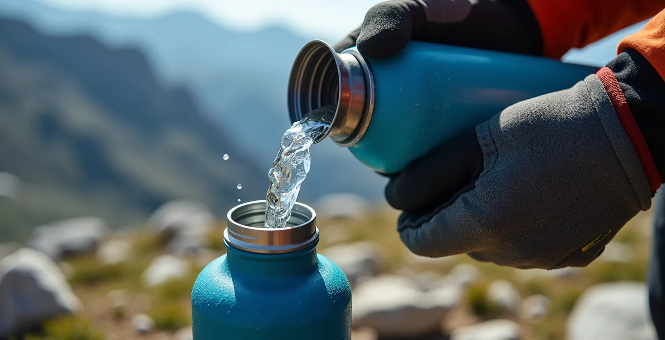 Gros plan sur les mains d'un randonneur versant de l'eau dans une gourde en montagne