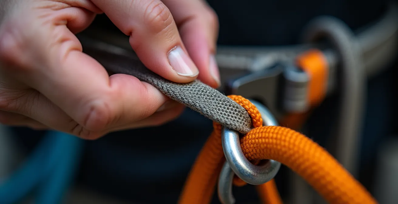 Mains expertes inspectant minutieusement les points d'encordement d'un baudrier d'escalade