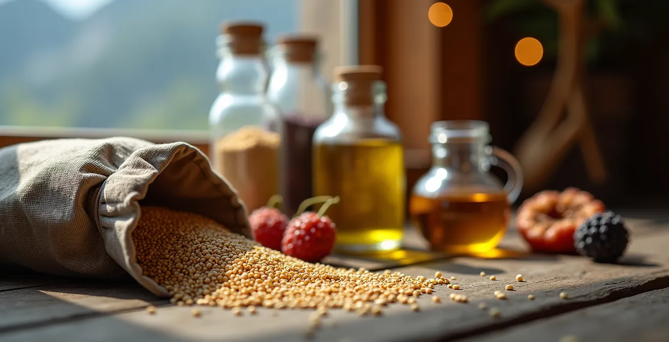 Kit d'aliments de secours pour intolérances disposé sur une table de refuge