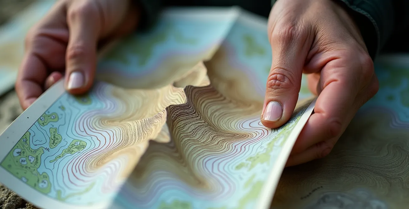 Mains tenant une carte topographique avec mise en évidence des courbes de niveau créant une visualisation du relief