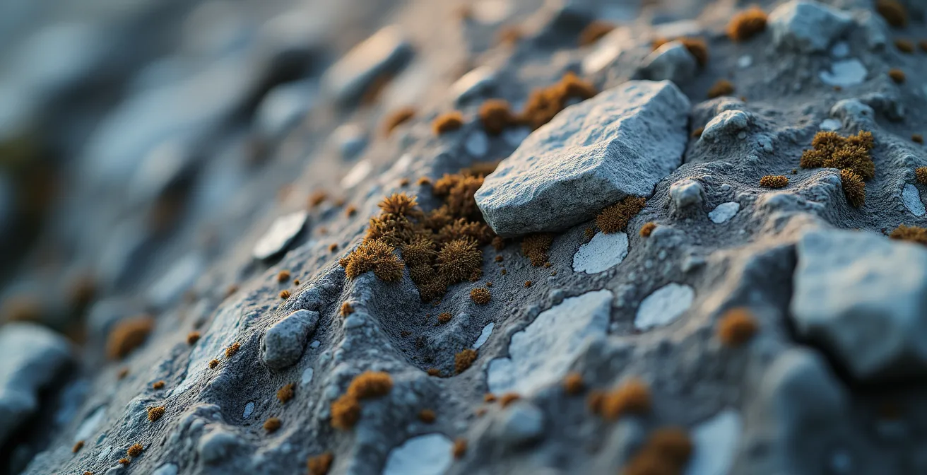 Vue macro détaillée de traces de passage sur rocher avec lichen usé et marques de crampons