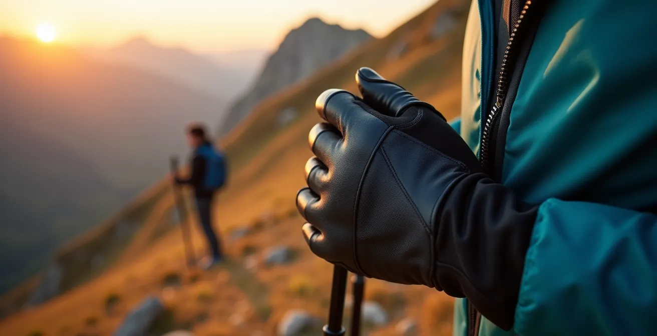 Randonneur ajustant les zips de ventilation de sa veste en marchant