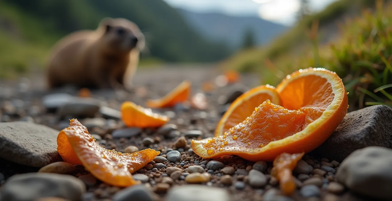 Vue macro de déchets alimentaires sur un sentier de montagne avec la faune en arrière-plan