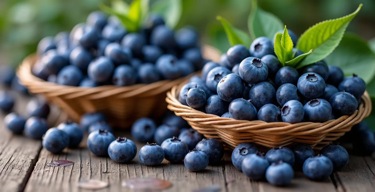Gros plan sur des myrtilles sauvages fraîchement récoltées dans des paniers en osier au marché de montagne
