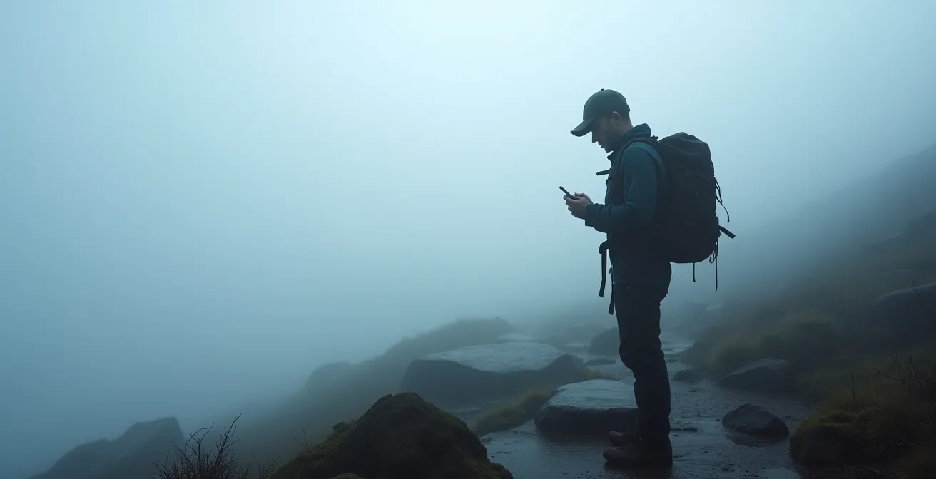 Randonneur consultant son GPS dans un brouillard dense en montagne
