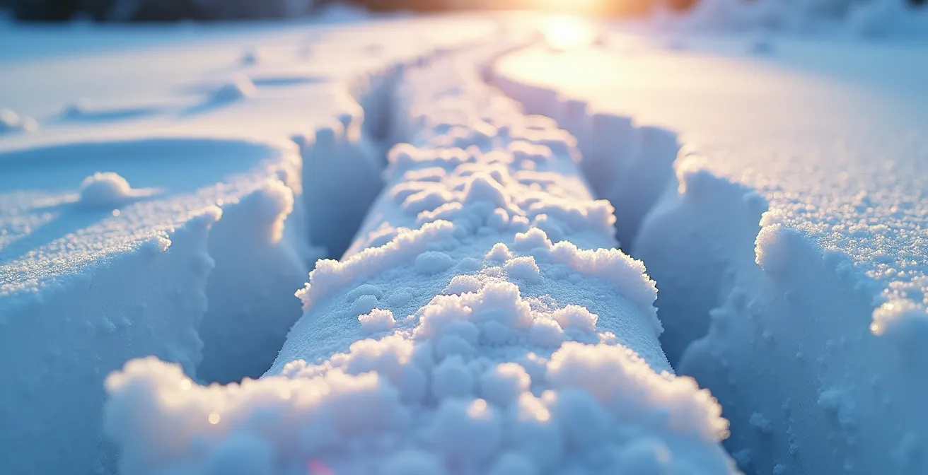Traces de pas dans la neige montrant différentes textures selon l'exposition au soleil