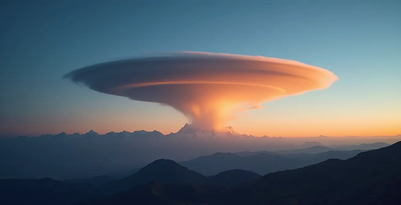 Formation de nuages lenticulaires au-dessus d'un sommet montagneux au lever du soleil