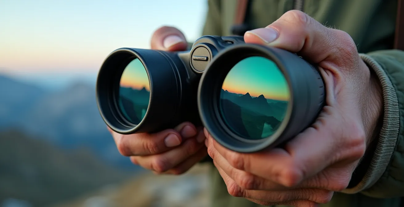 Randonneur observant la faune aux jumelles à distance respectueuse dans un paysage alpin