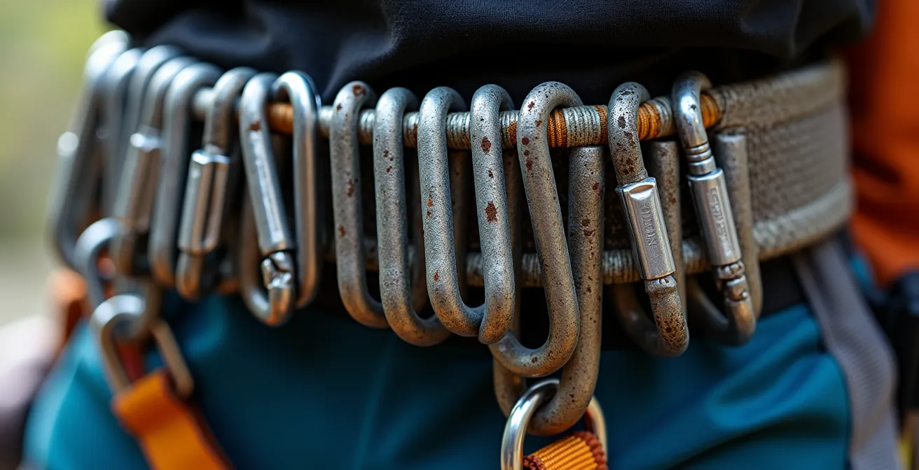 Gros plan sur un baudrier d'alpiniste avec matériel trié et organisé de manière méthodique