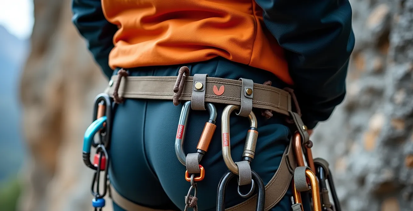 Vue détaillée d'un baudrier d'escalade avec dégaines et coinceurs parfaitement organisés sur les porte-matériel