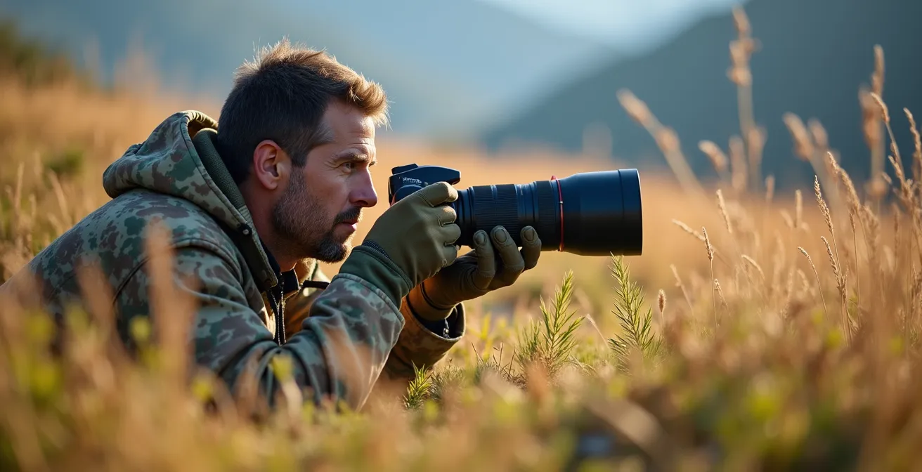 Photographe camouflé en position d'affût observant discrètement la faune de montagne