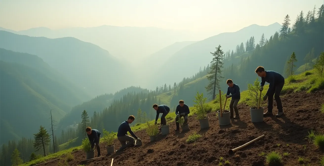 Groupe de volontaires plantant de jeunes arbres sur un versant montagnard dégradé