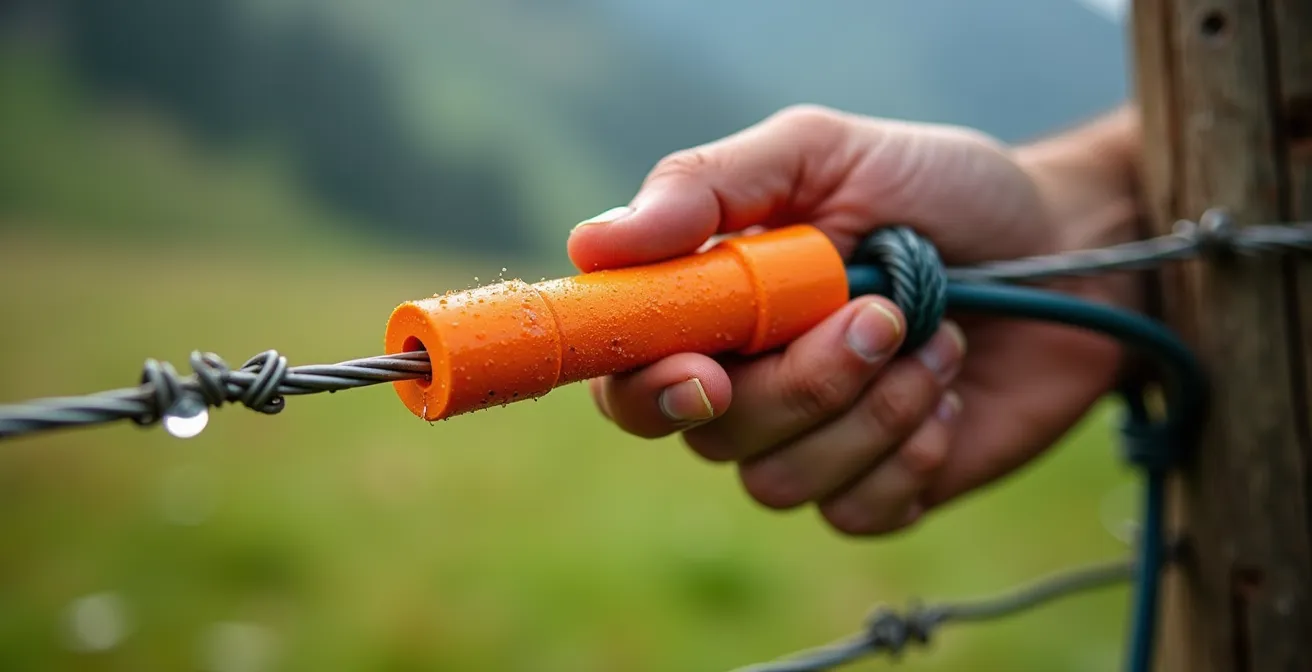 Gros plan sur une main manipulant correctement une poignée isolante de clôture électrique dans un alpage