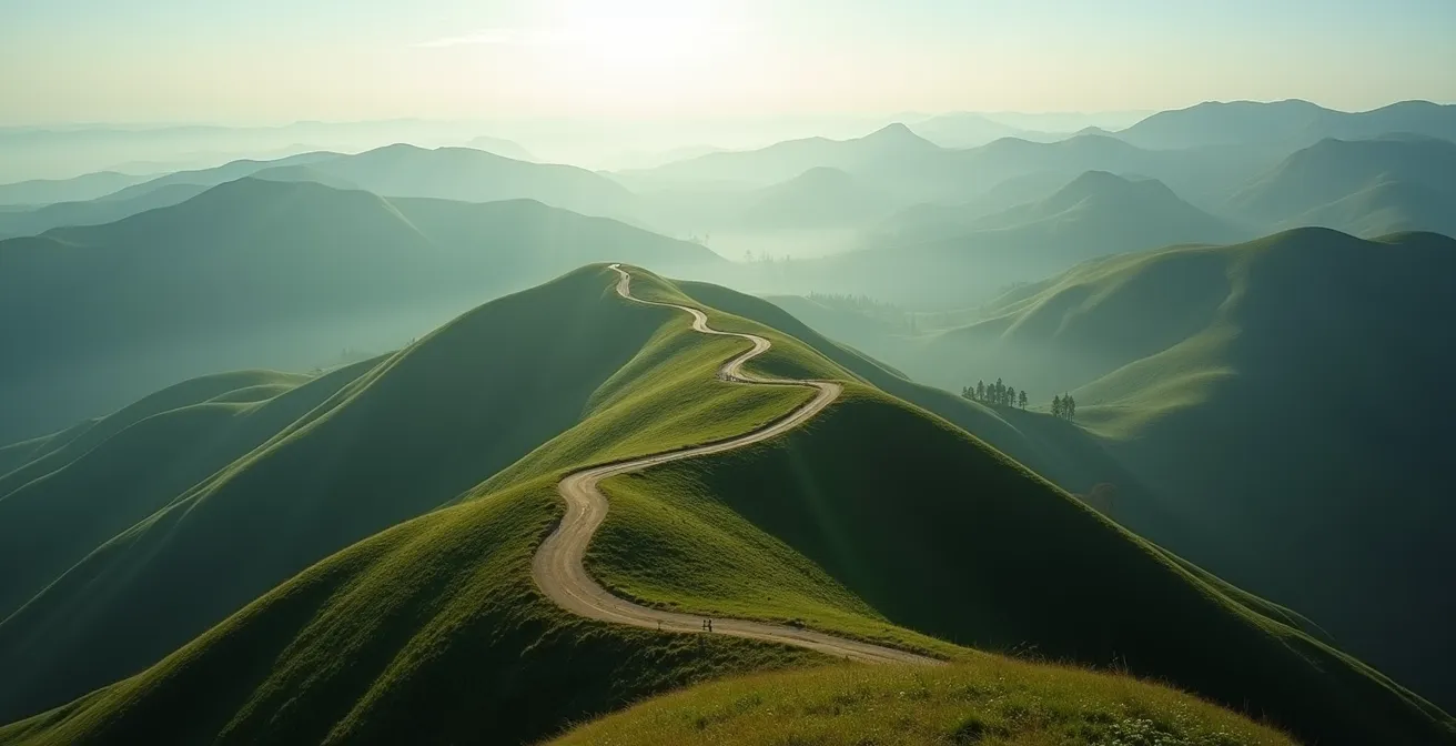 Vue aérienne d'un paysage vallonné montrant la succession de collines et le tracé sinueux du sentier GRP