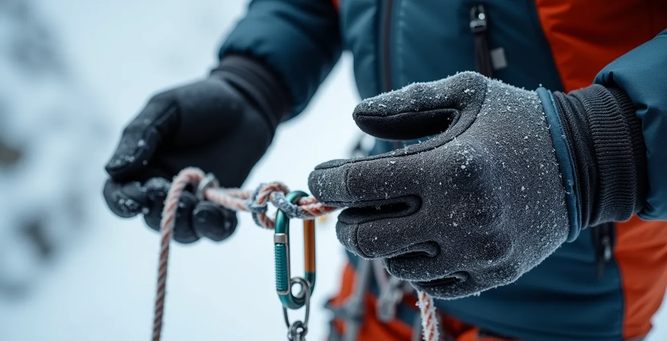 Gros plan sur des mains avec moufles d'expédition manipulant du matériel d'alpinisme par grand froid